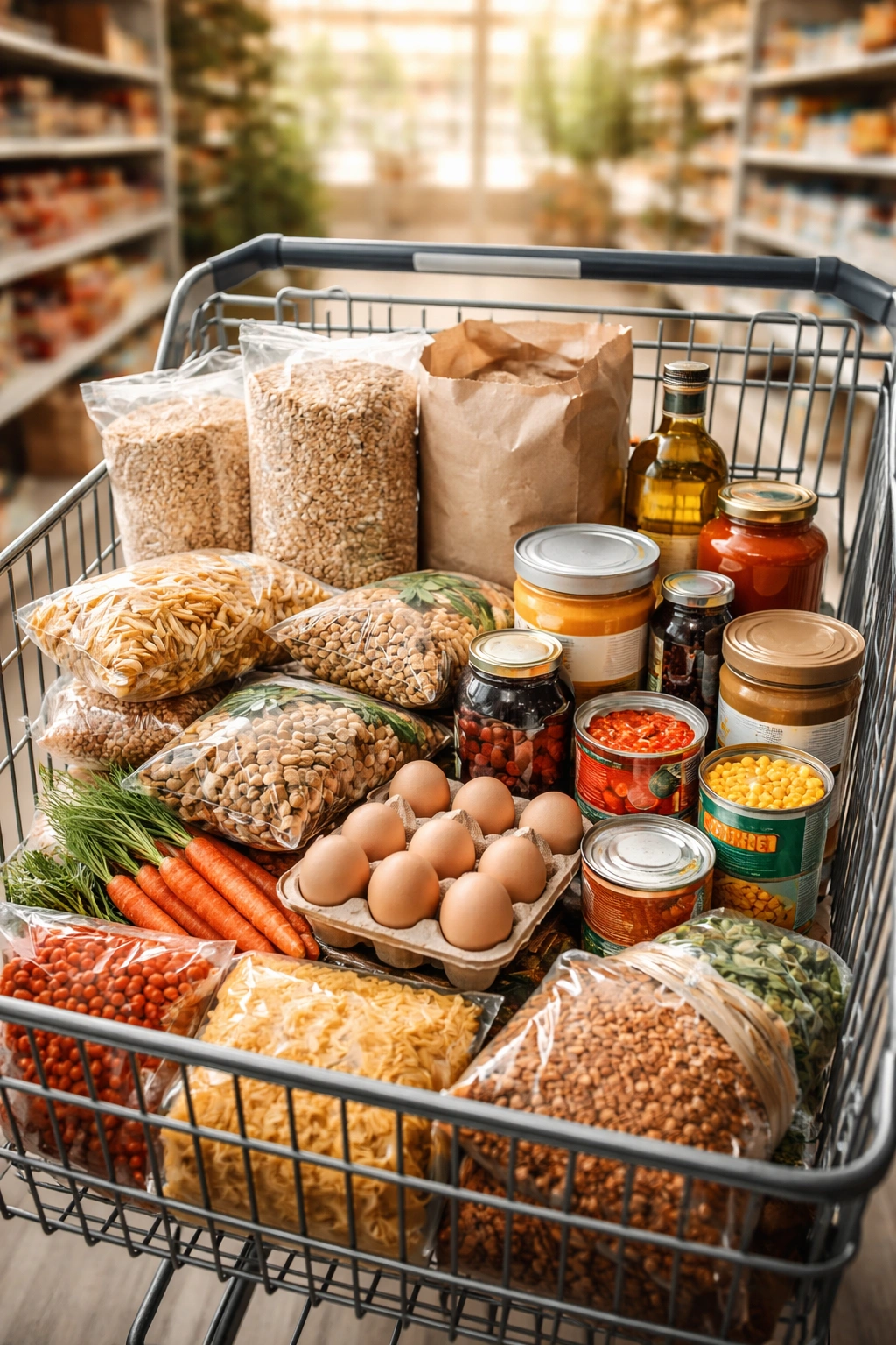 Organized shopping cart with bulk staples symbolizing deliberate budget-conscious shopping.