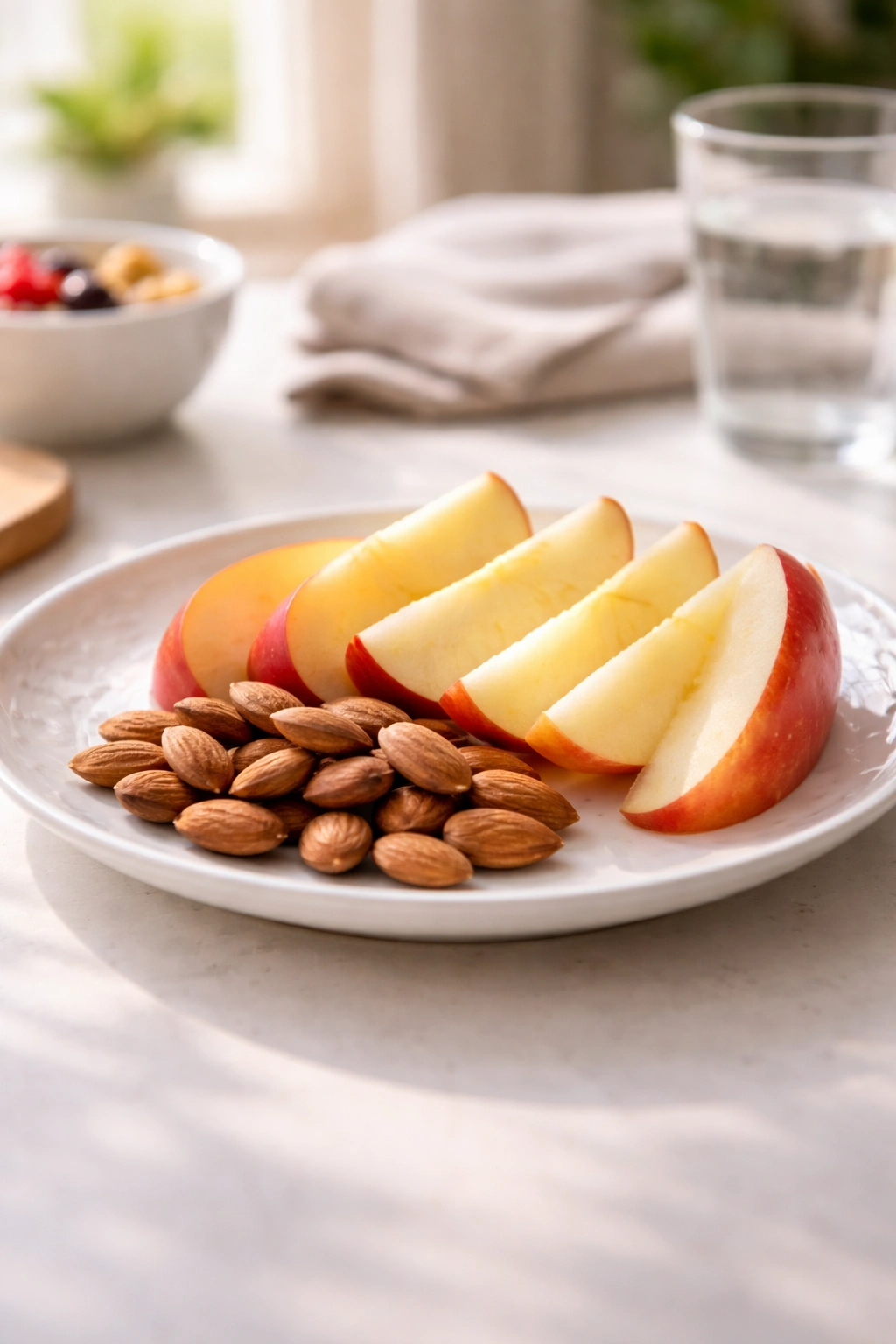 Close-up of apple slices with almonds on a plate to illustrate smart snacking for weight loss