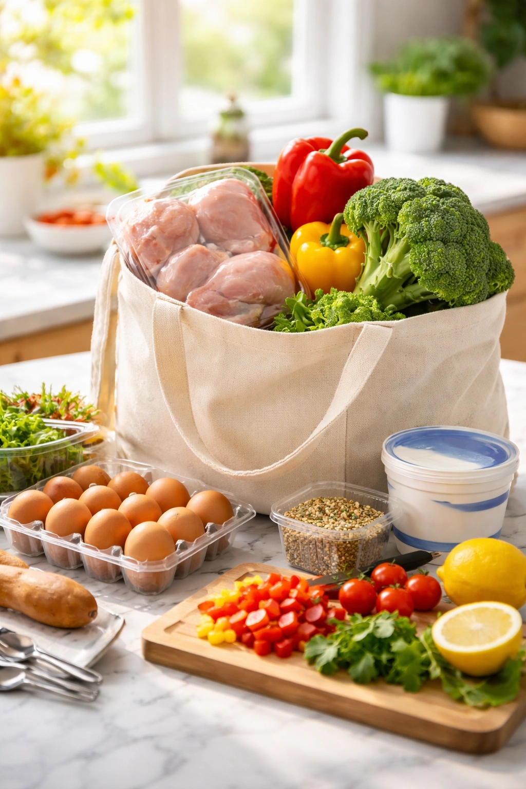 Grocery bag with healthy staples for Weight Watchers weeknight dinners