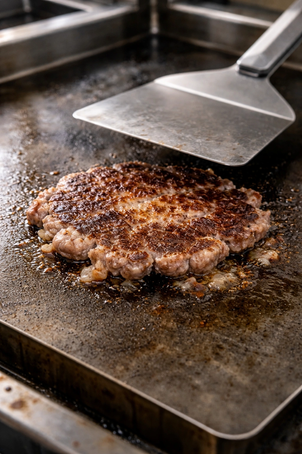 Patty on griddle with uneven browning illustrating a common smash burger mistake.