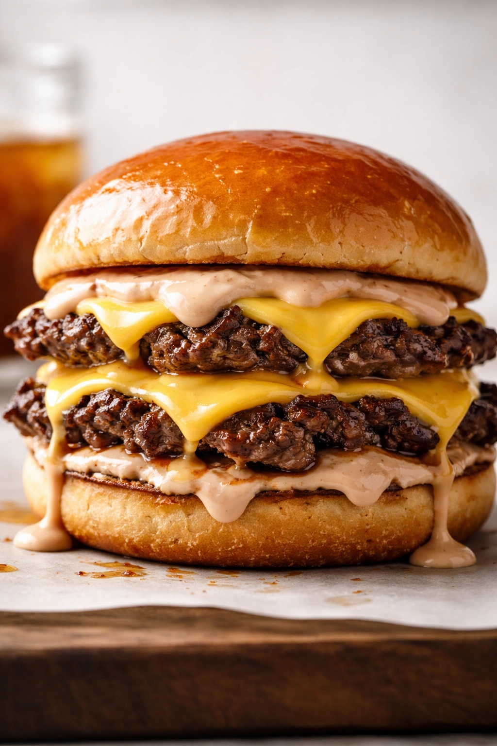 Close-up of a smash burger with two crispy-edged patties and special sauce