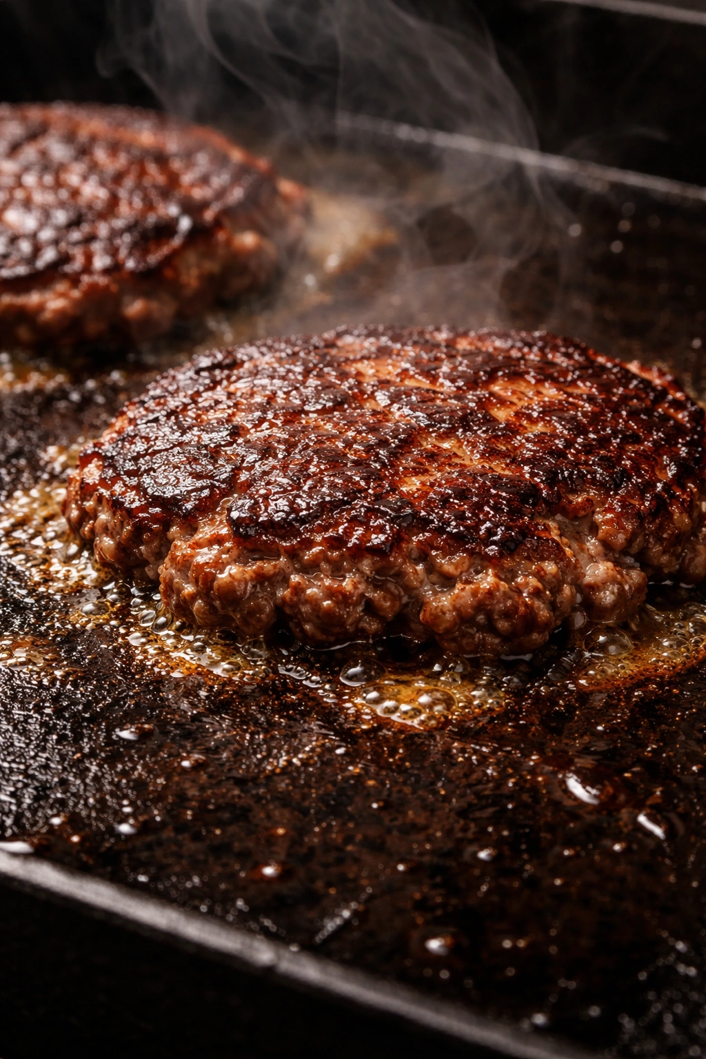 Close-up of thin, browning smash burger patties sizzling on a hot griddle.