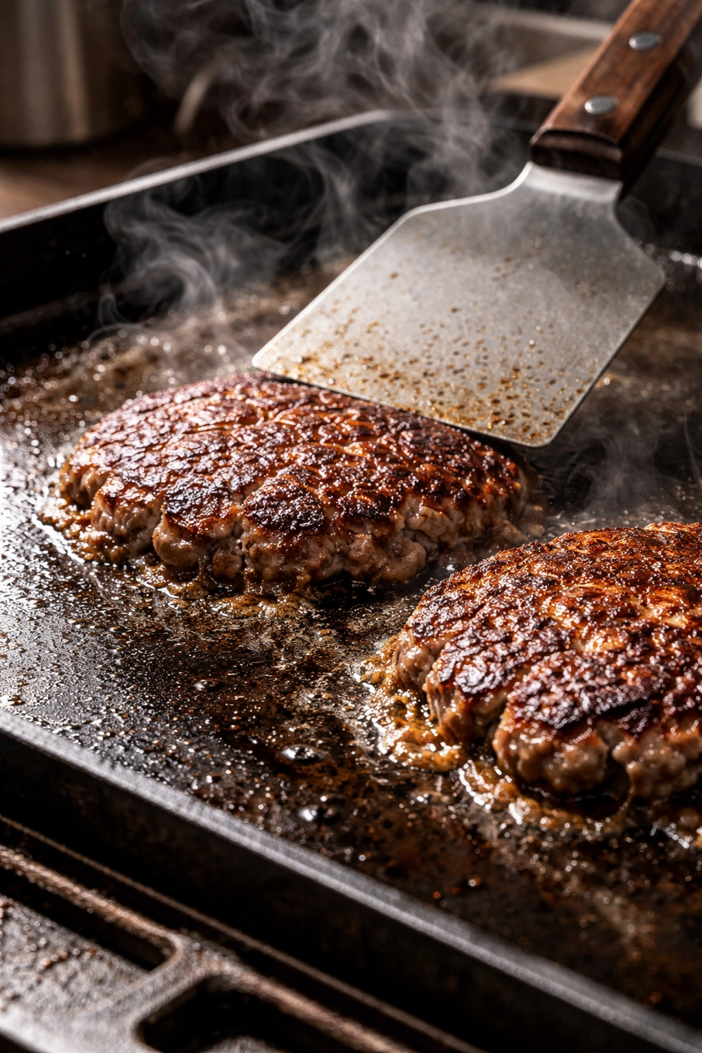 Sizzling smash burgers forming crust on a hot cast-iron griddle