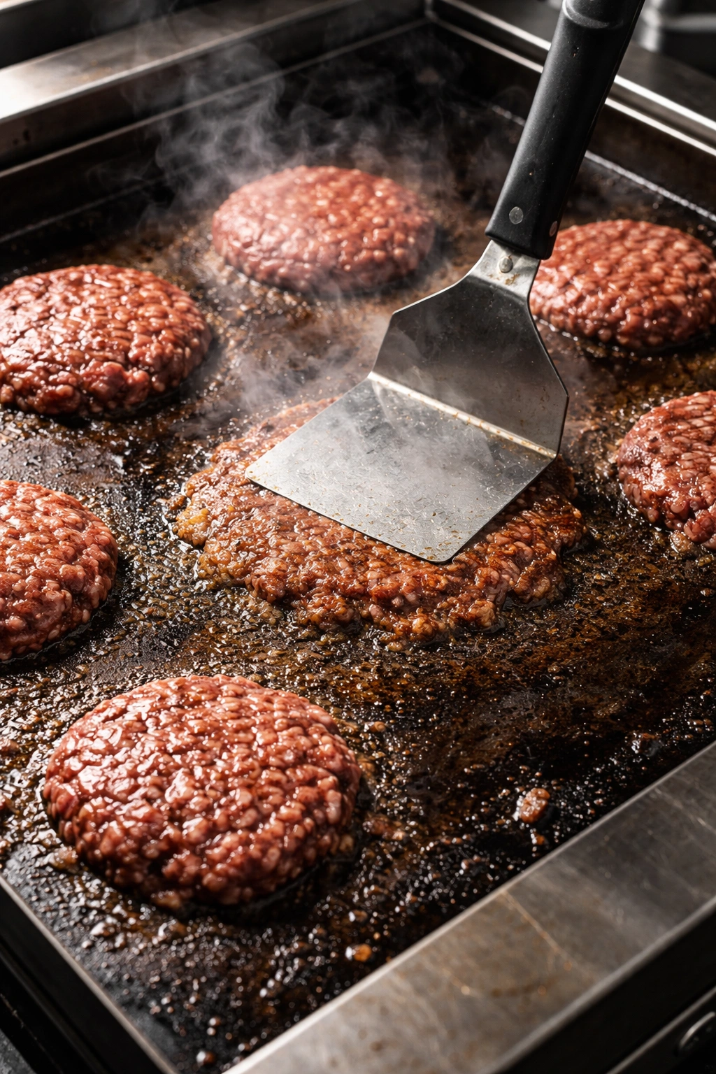 Patty being smashed on a hot griddle forming a crispy crust.