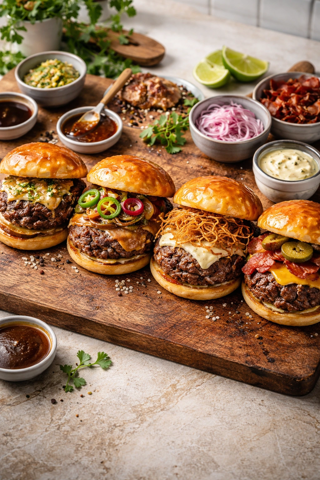 Four smash burger variations lineup on a wooden board with varied toppings