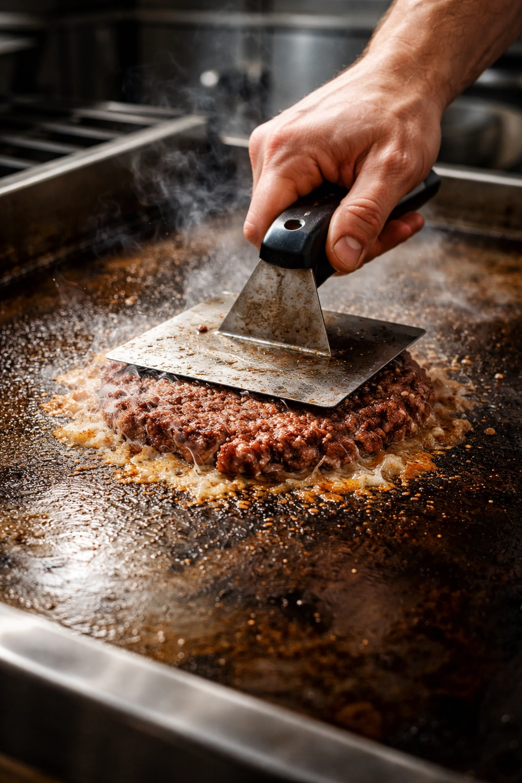 Hand smashing a patty on a hot griddle to create crust.