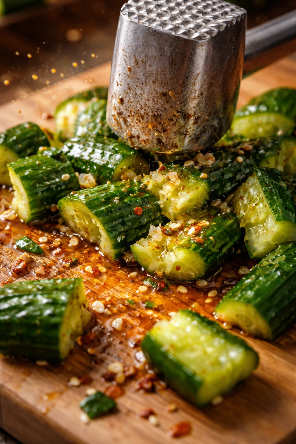 Macro view of cucumber pieces being smashed with a mallet on a wooden board