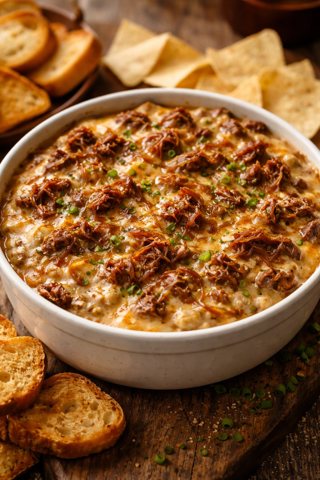 Close-up of smoked Gouda caramelized onion pulled pork dip in white bowl