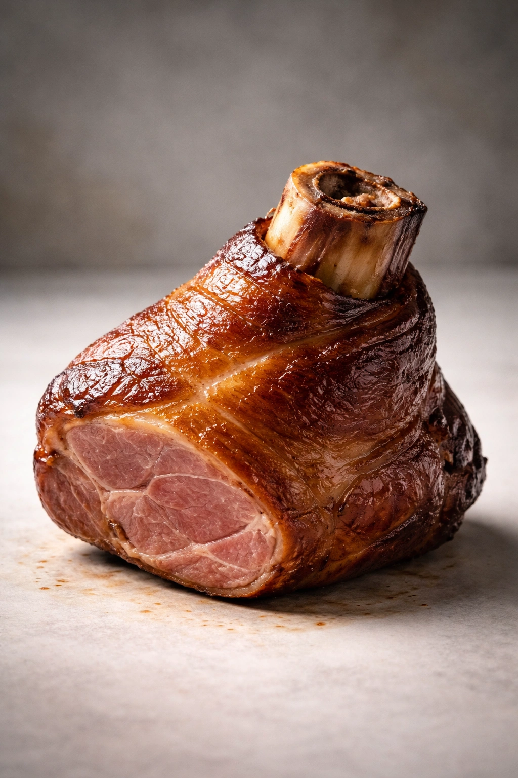 Close-up of smoked ham shank showing marbling and smoked exterior