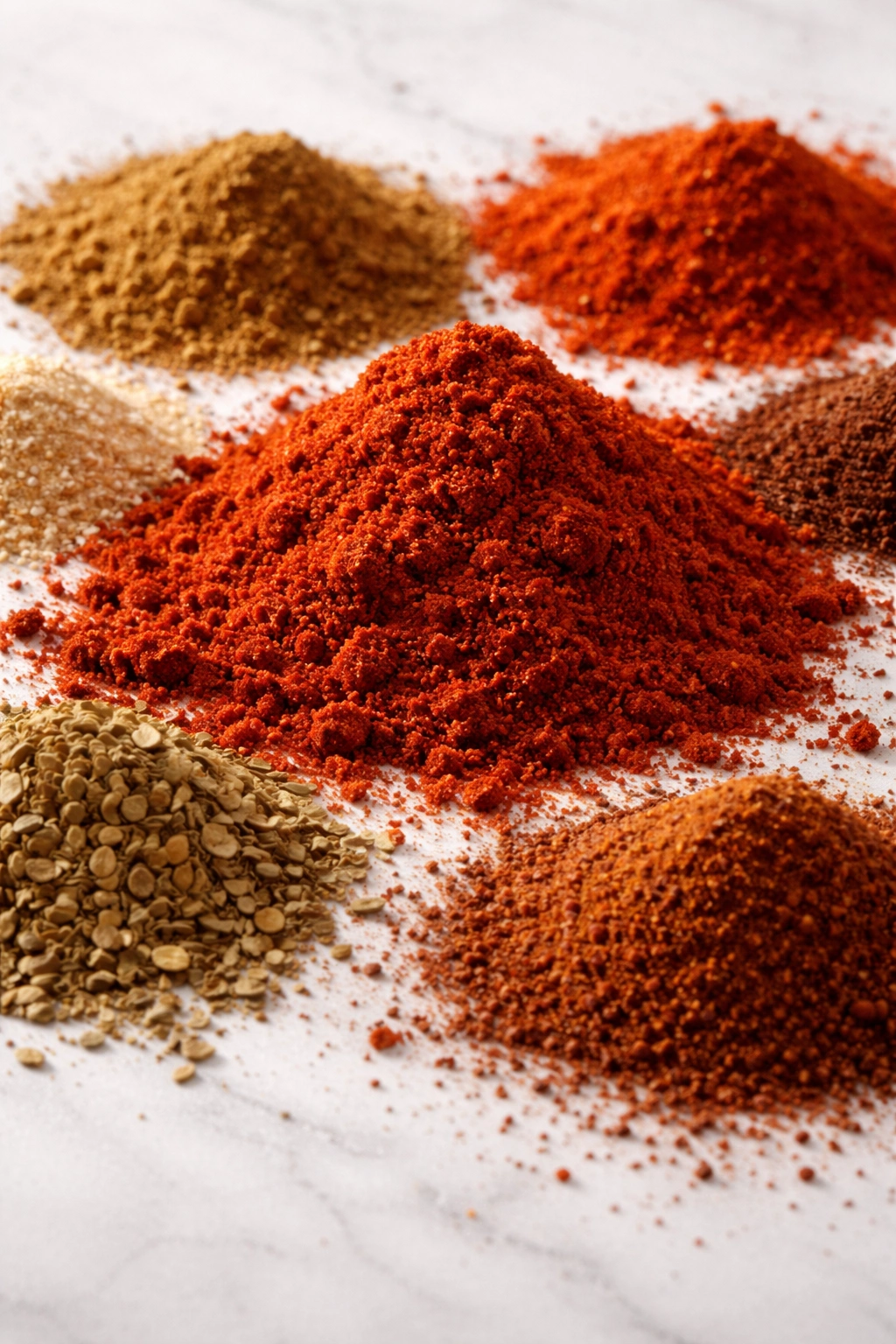 Macro shot of smoked paprika and spices in separate piles on white background