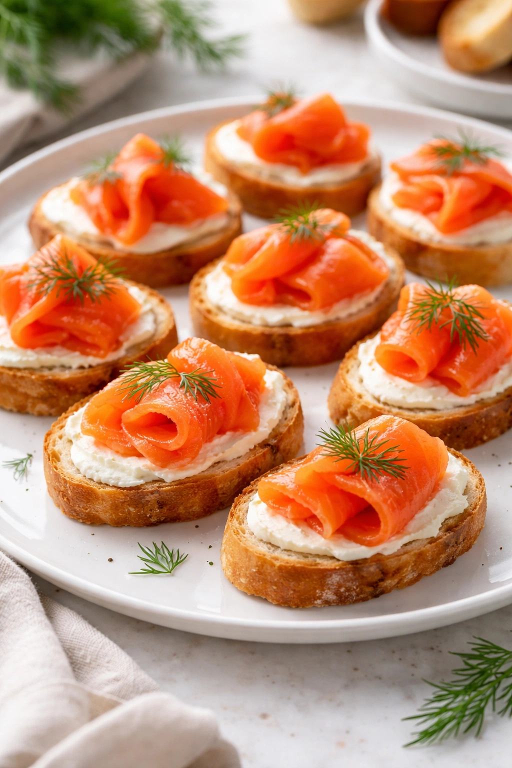 Close-up of smoked salmon canapés with dill on a white plate