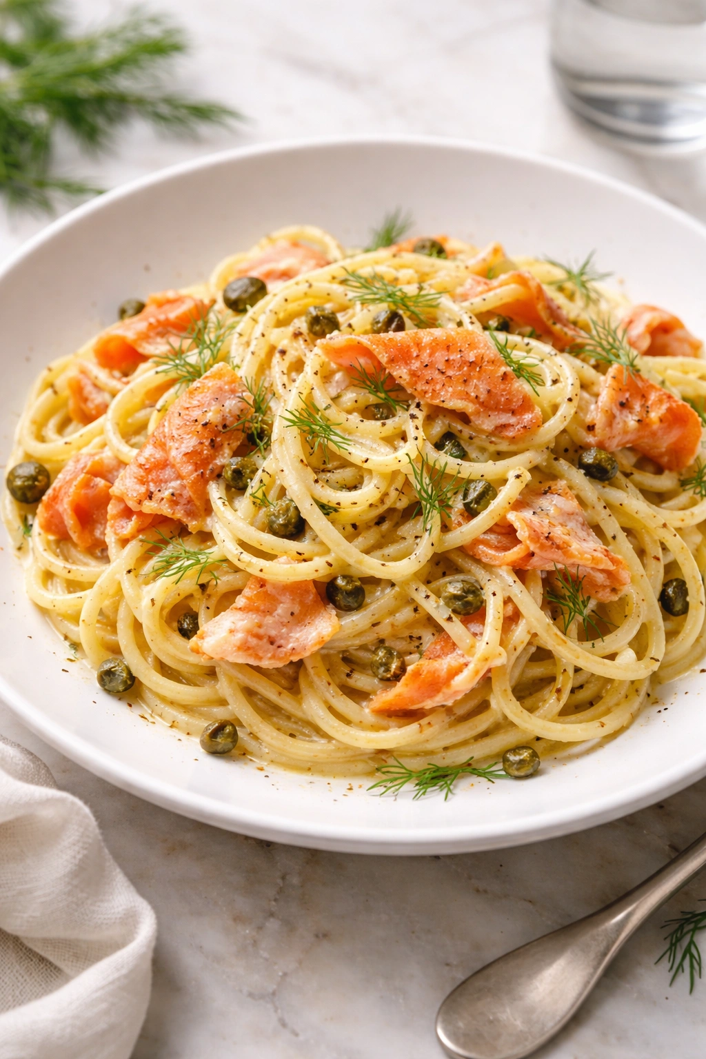 Smoked salmon carbonara plated with dill and capers on a white plate.