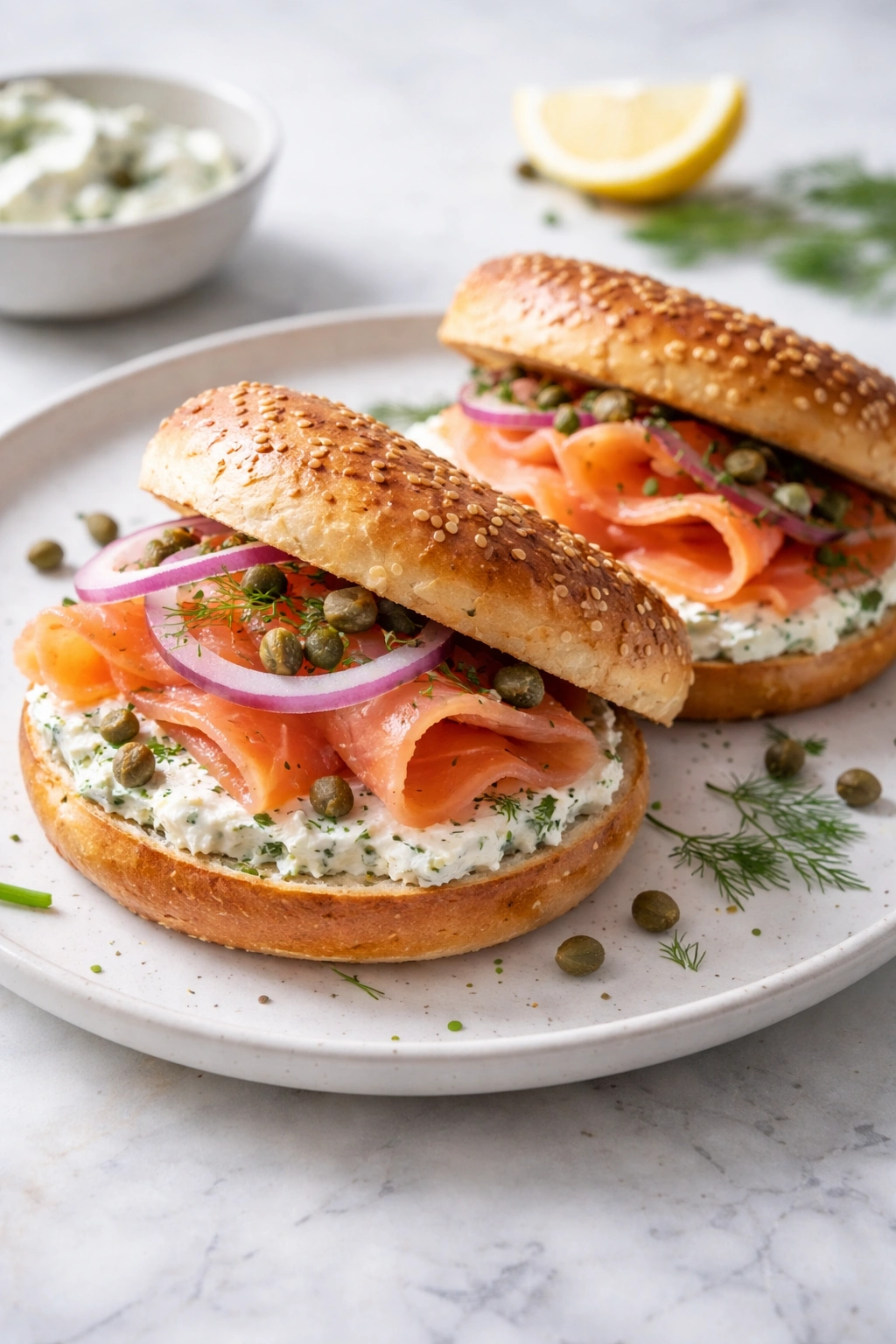 Smoked salmon cream cheese breakfast sandwich with onion and capers