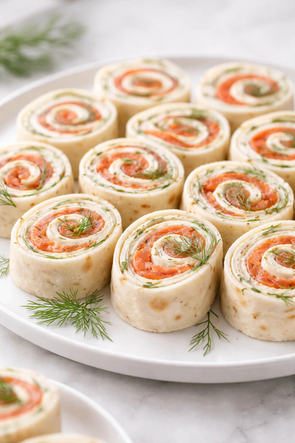 Smoked salmon pinwheels on a platter with dill garnish, sliced into rounds