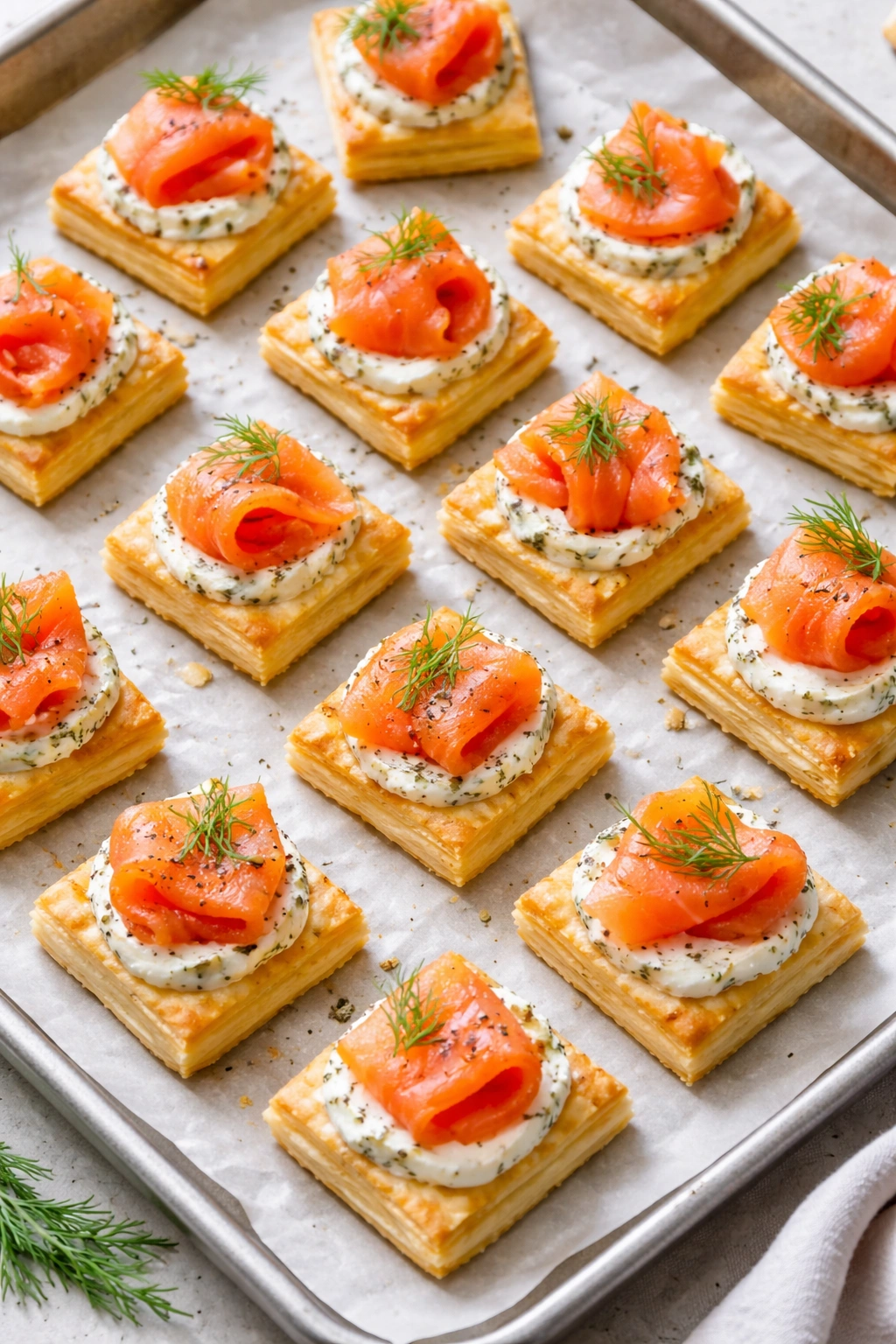 Puff pastry bites with smoked salmon and dill cream cheese