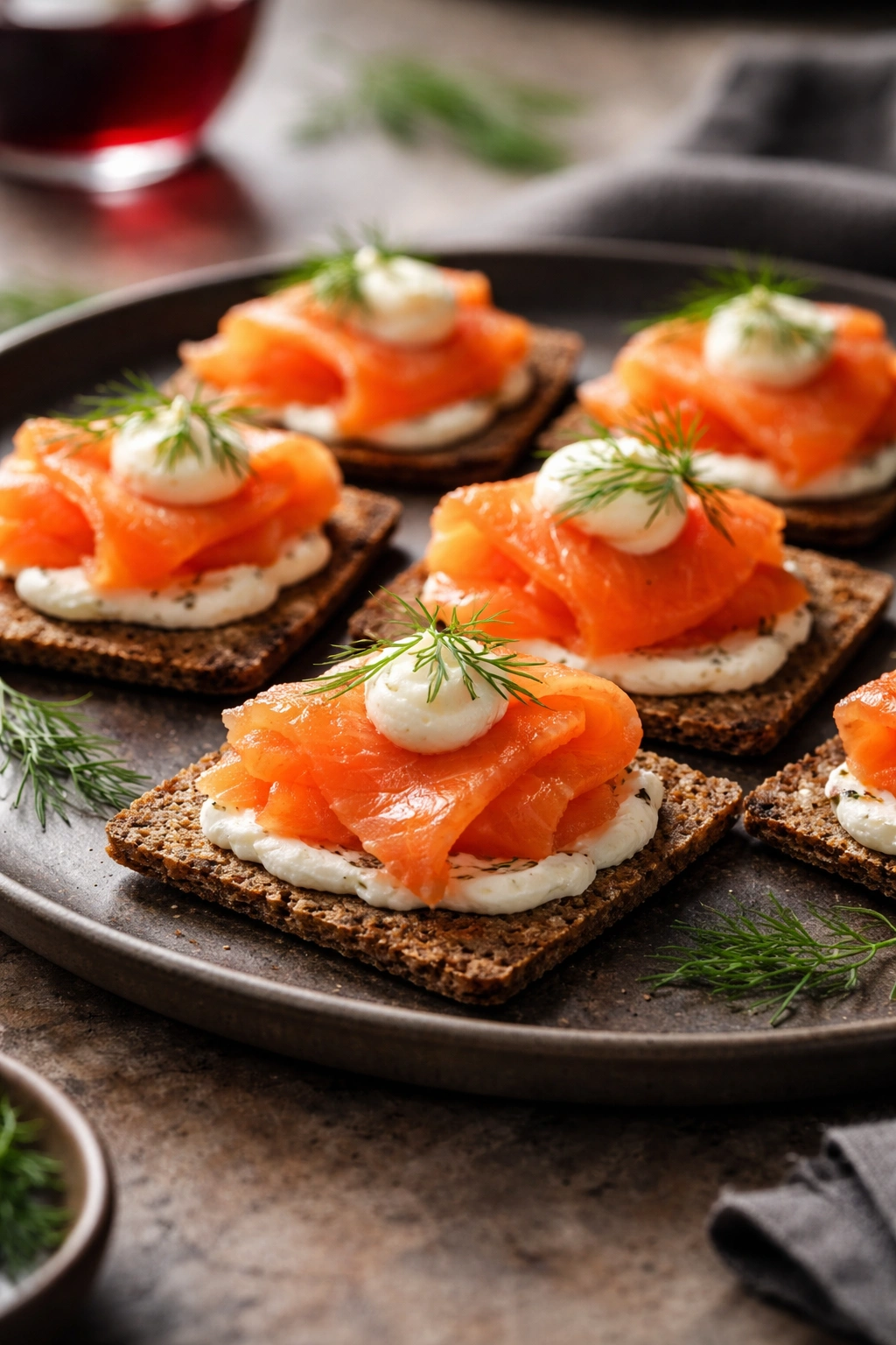 Smoked salmon on rye crisps with creme fraiche and dill on plate