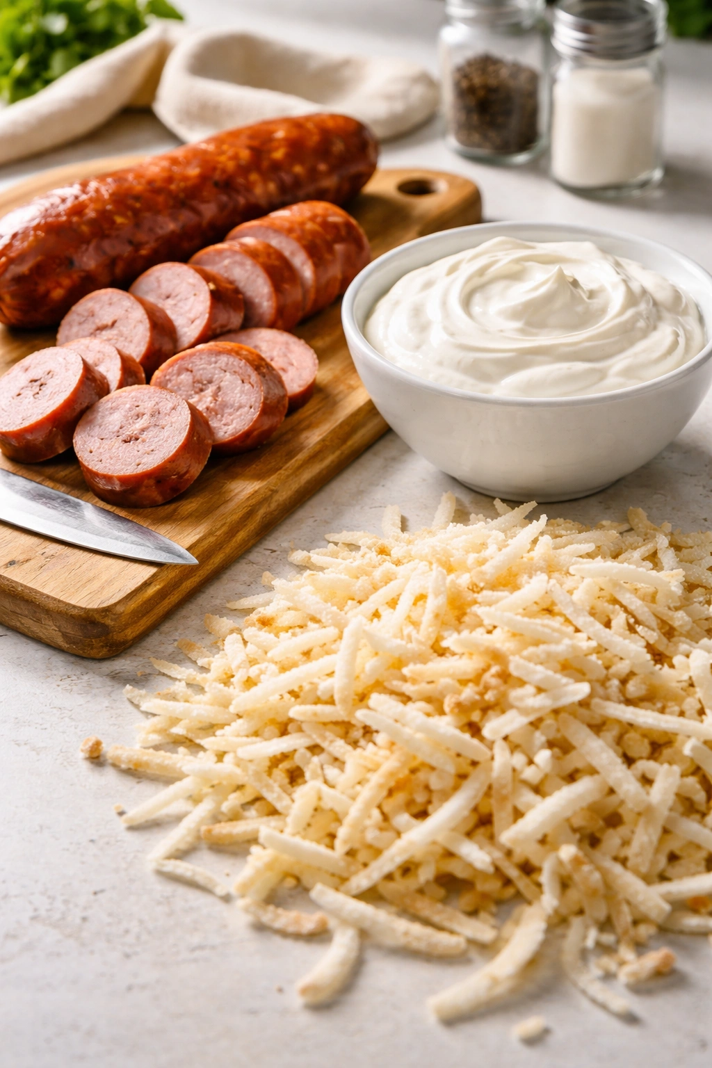 Close-up of smoked sausage, room-temperature sour cream, and hash browns to illustrate expert tips for best casserole results