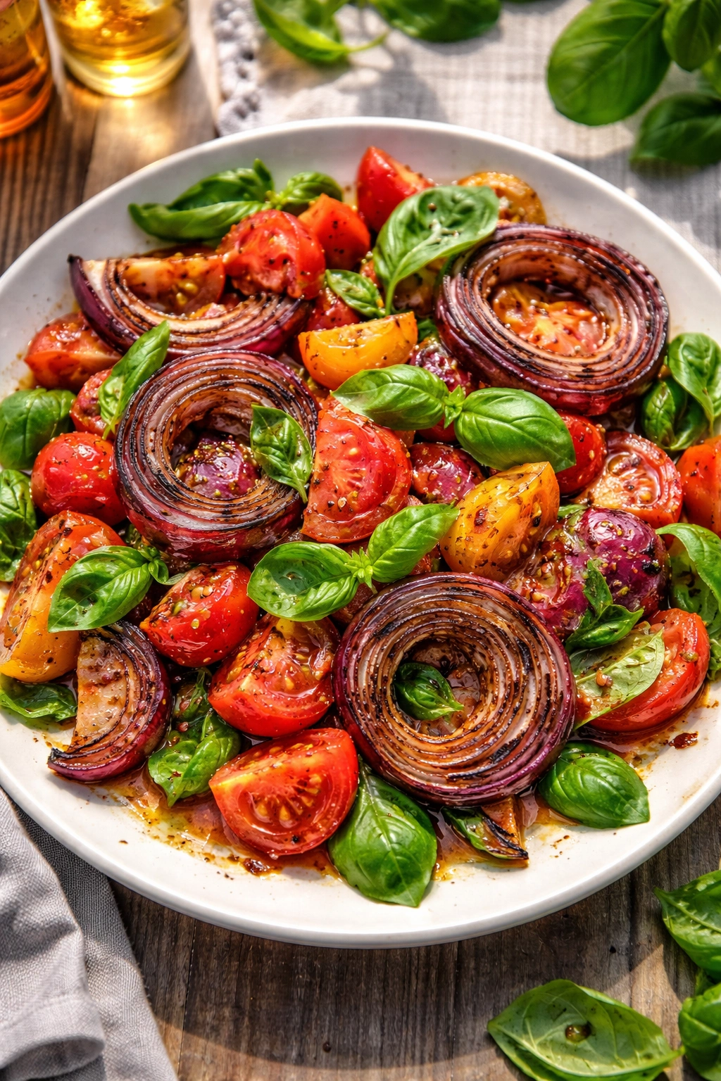 Vibrant tomato basil salad with charred onions