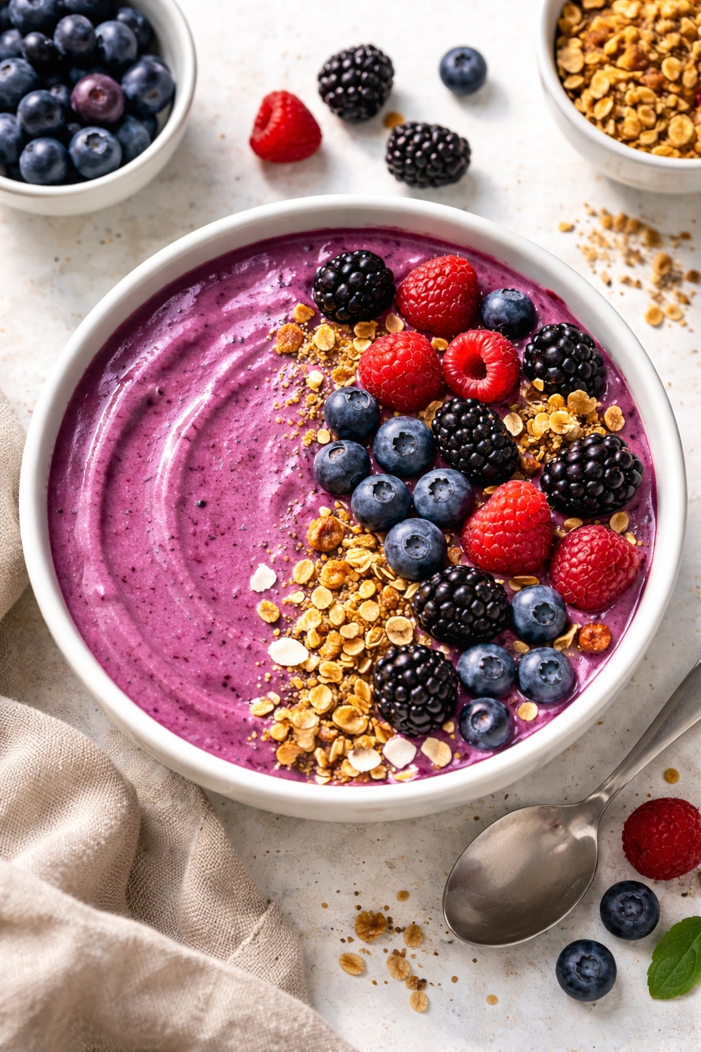 Berry Blast Smoothie Bowl with mixed berries and granola on a light background