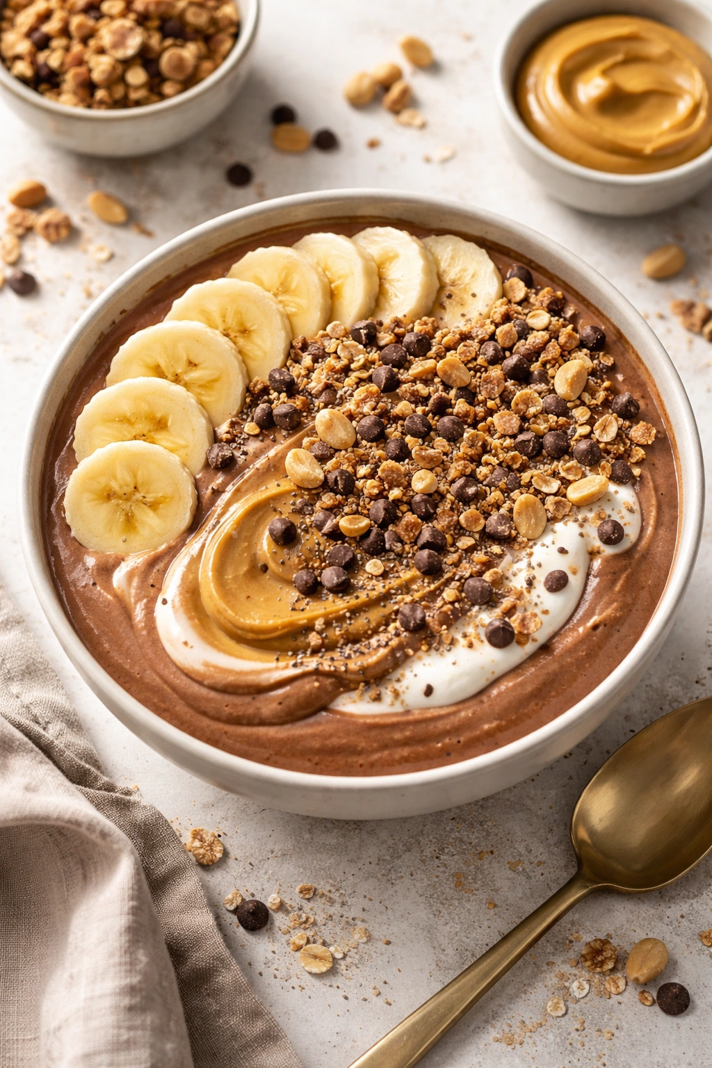 Chocolate Peanut Butter Smoothie Bowl with granola topping on a neutral background
