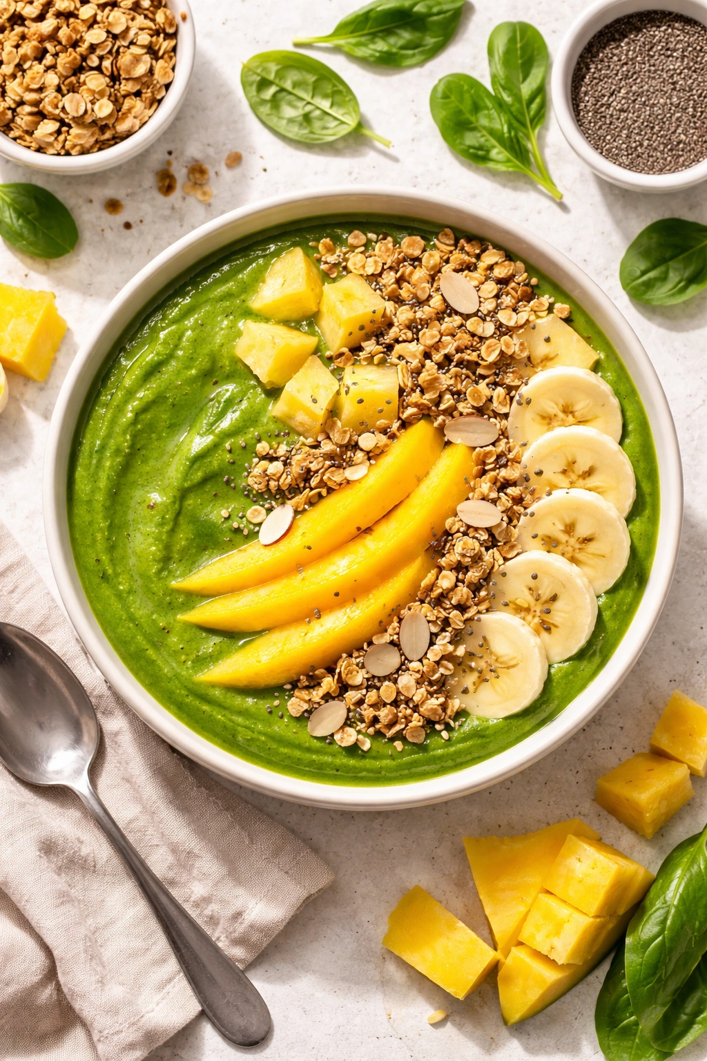 Green Power Smoothie Bowl with spinach base and tropical fruit topping