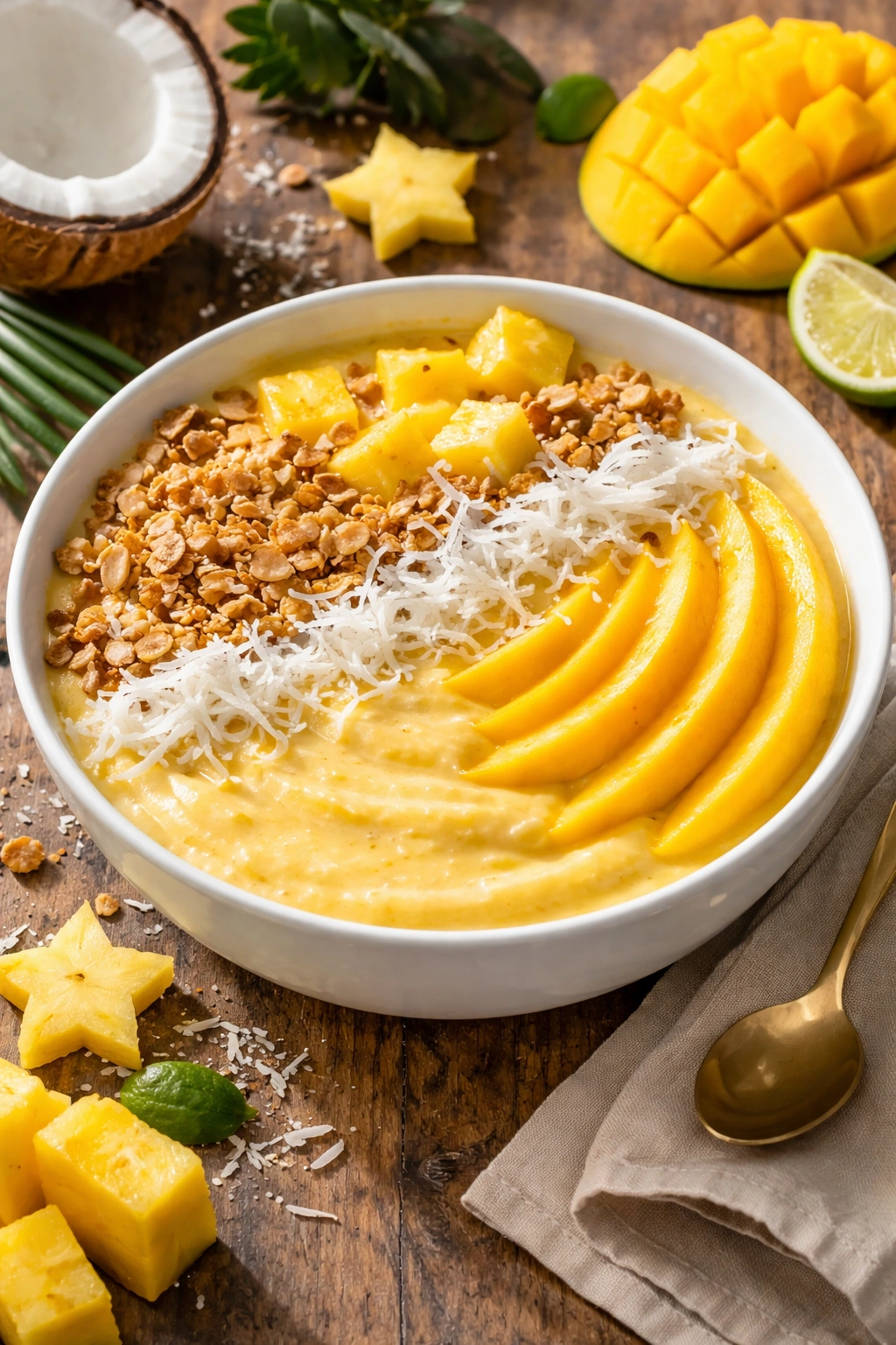 Tropical Paradise Smoothie Bowl with mango and pineapple toppings on a wooden background