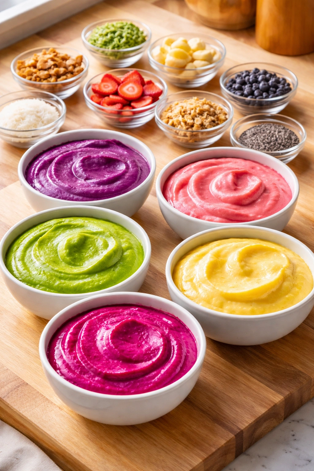 Five smoothie bowls with thick bases and toppings on a bright kitchen counter