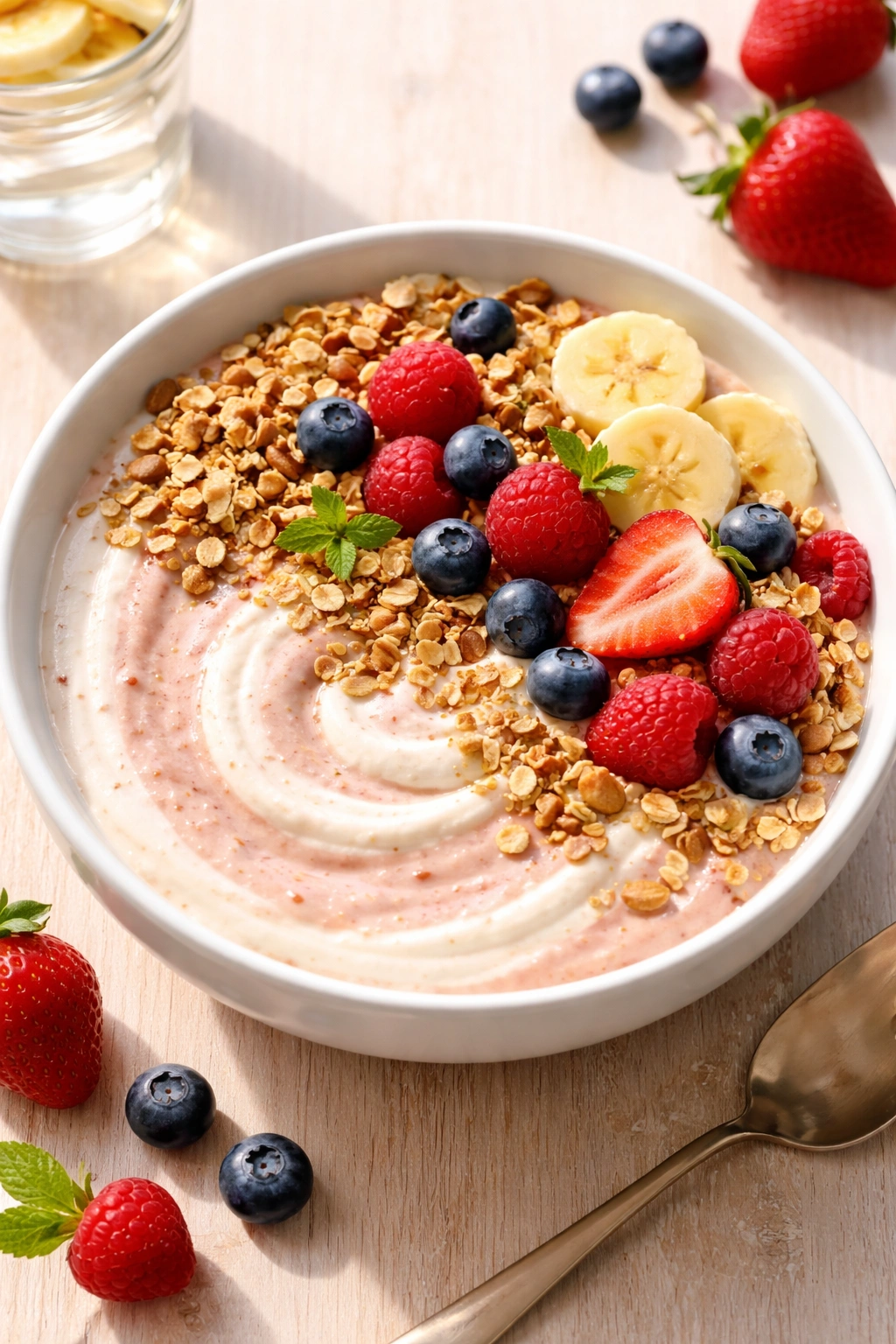 Cream cheese smoothie bowl with granola and fruit on top