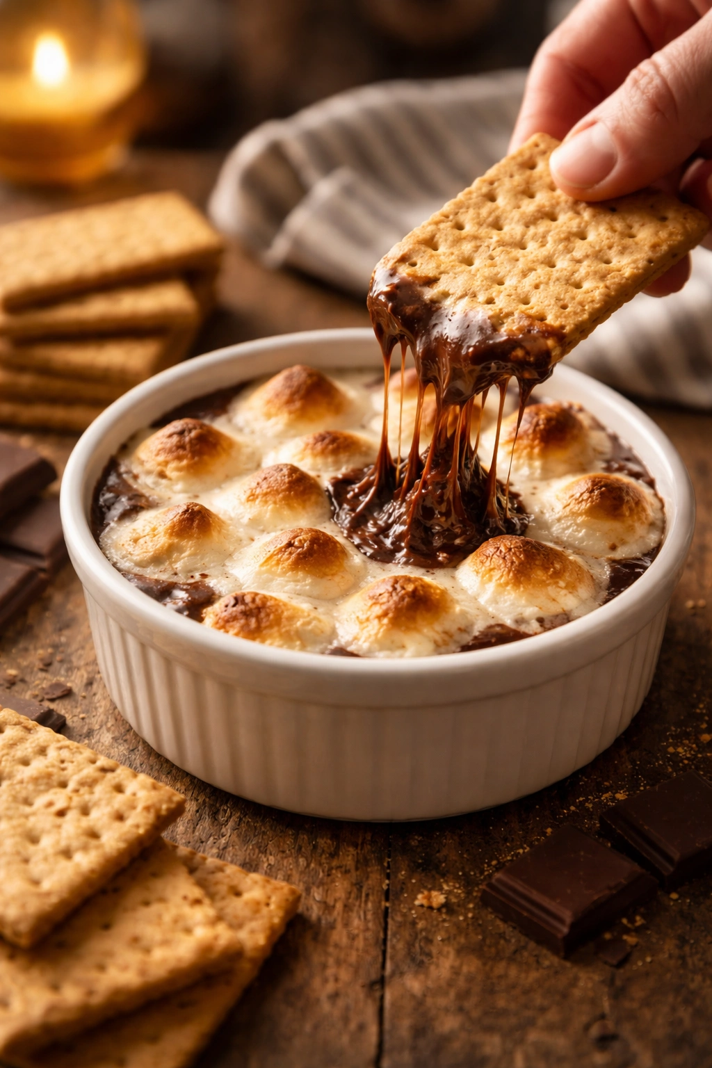 Warm s'mores dip in a ramekin with graham crackers