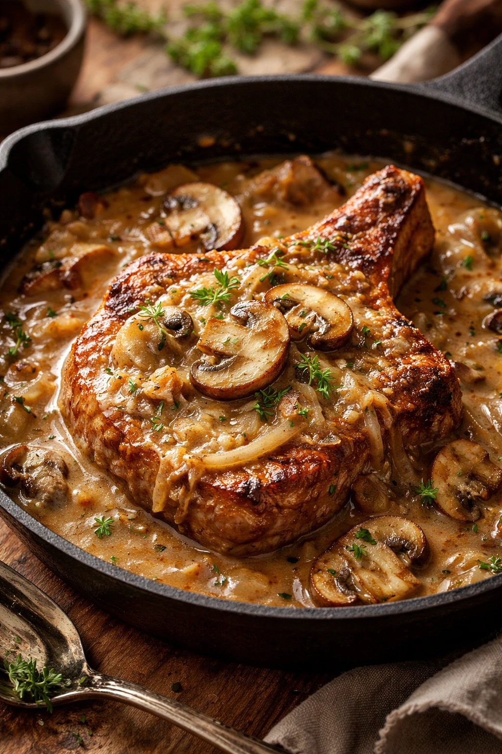 Pork chop with mushroom gravy and herbs on a rustic skillet