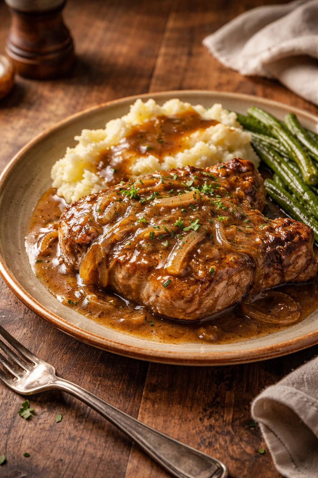 Plate of smothered pork chops with gravy on wooden table
