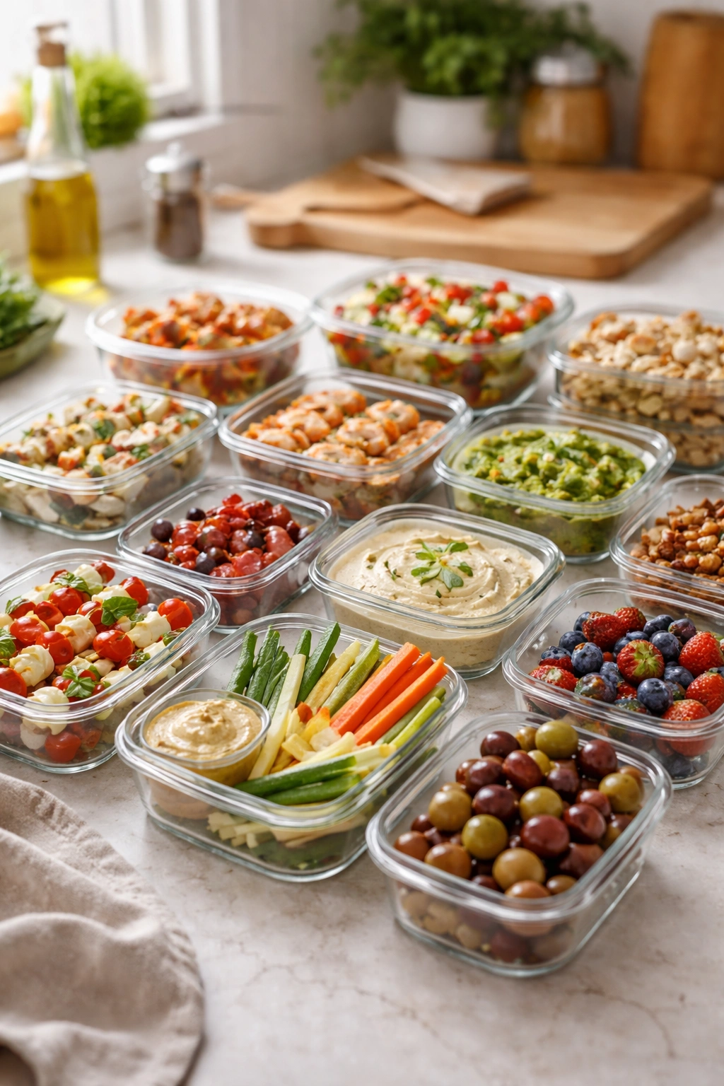 Organized snack prep containers on kitchen counter