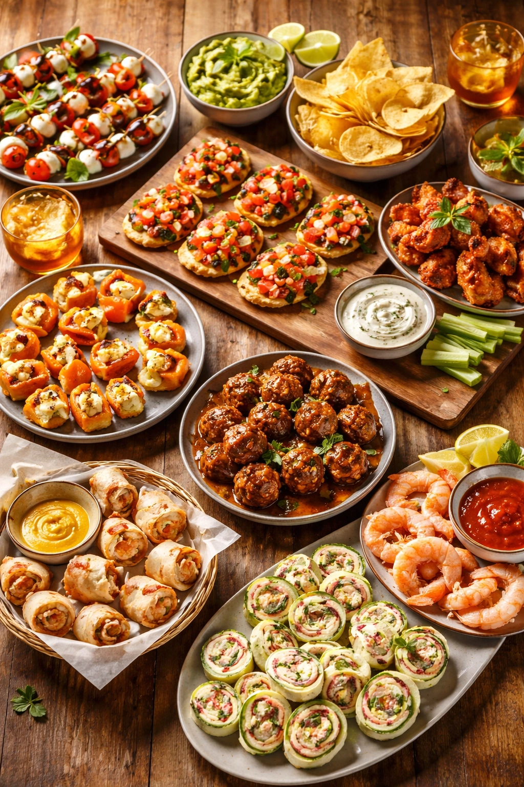 Finished spread of quick snack bites on a wooden table