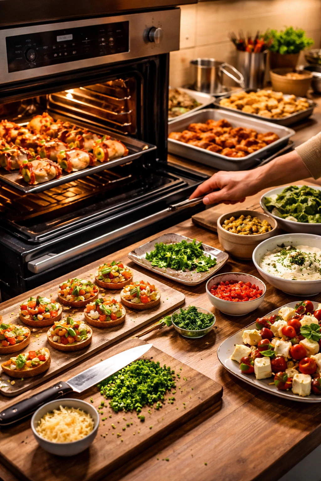 Kitchen scene illustrating parallel prep strategy for quick snacks