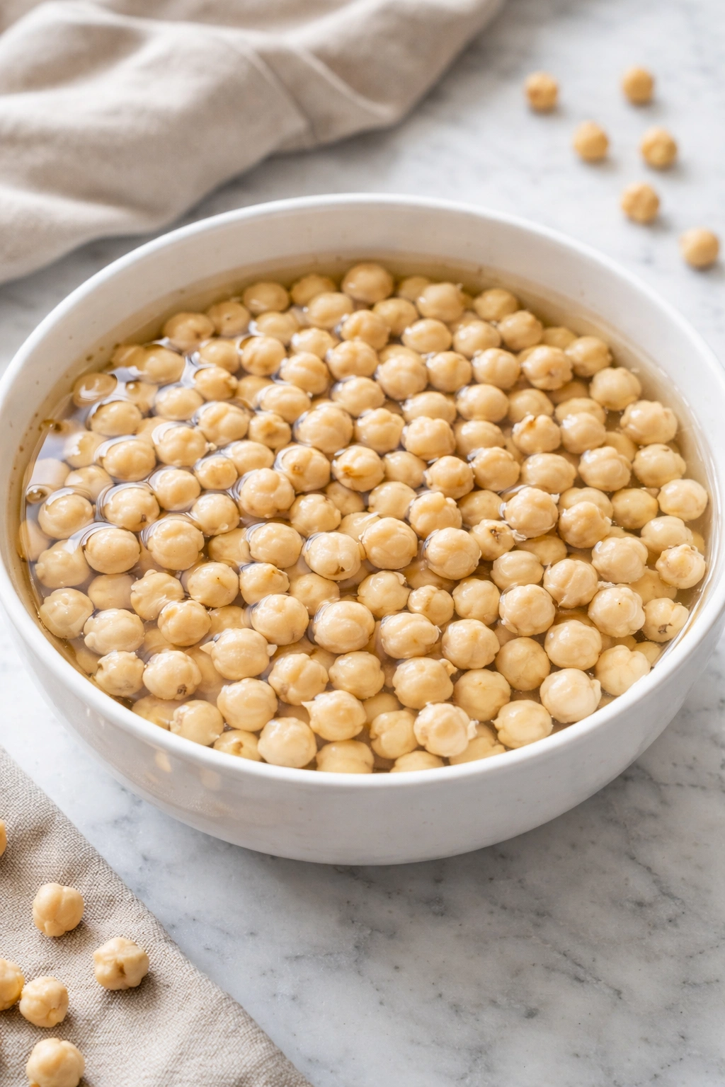 Soaked chickpeas soaking in water in a bowl