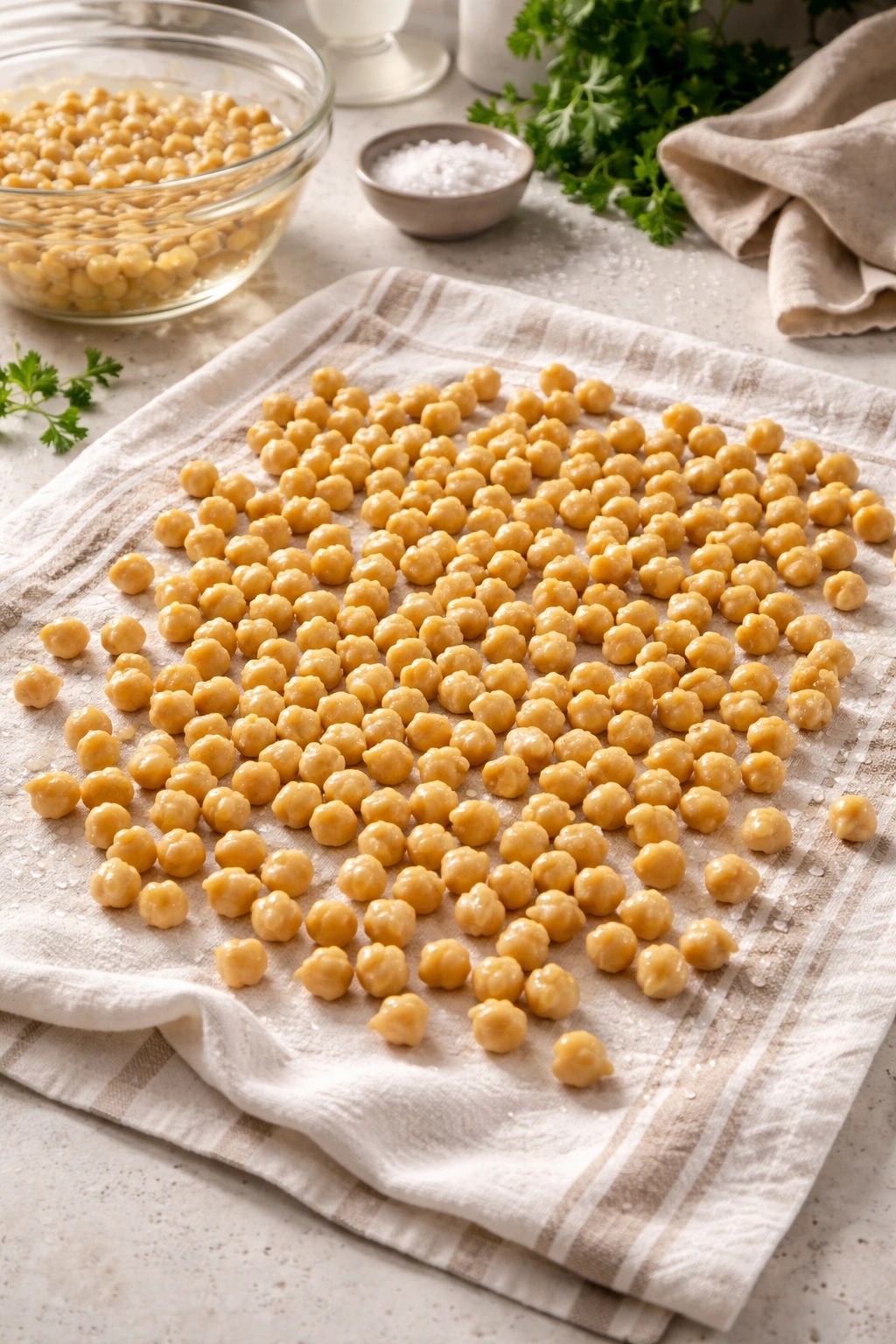 Chickpeas drying on a towel after soaking