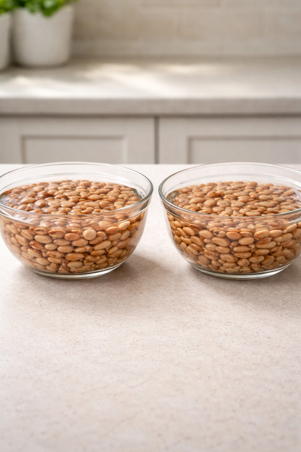 Soaked beans vs. unsoaked beans in two bowls