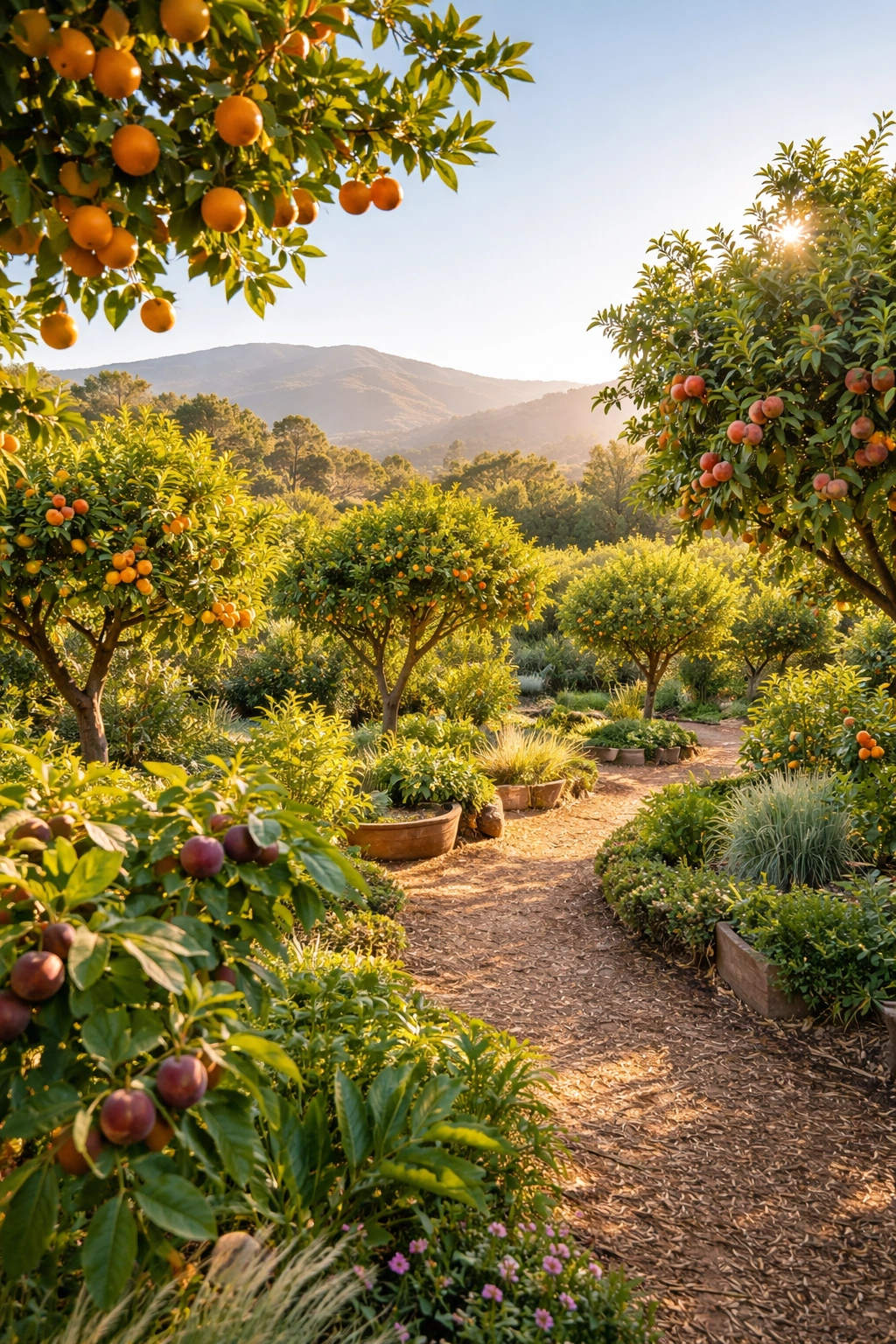 Sunlit backyard orchard with diverse fruit trees thriving in Southern California climate.
