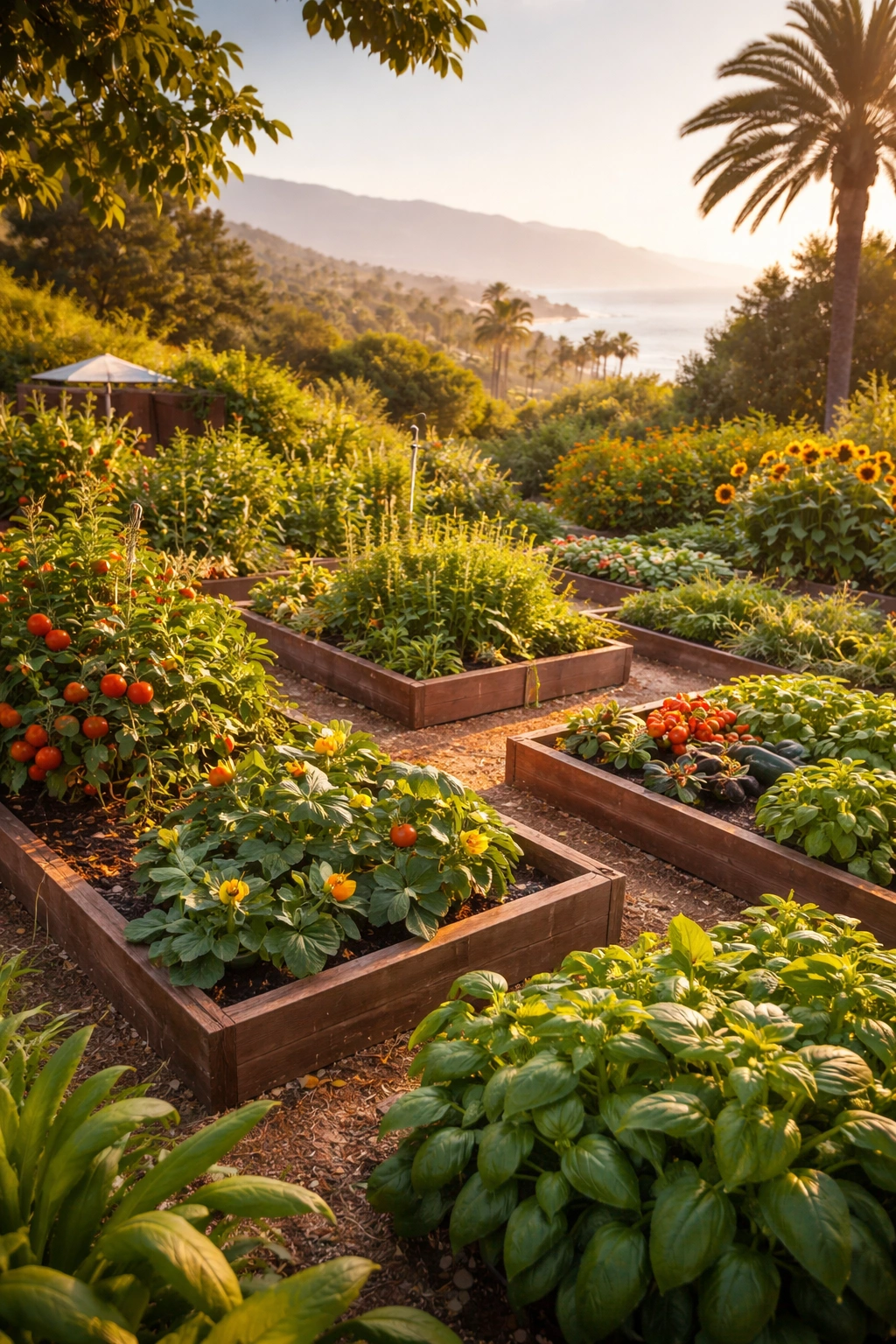 Wide Southern California garden showing diverse July microclimates and Mediterranean plants