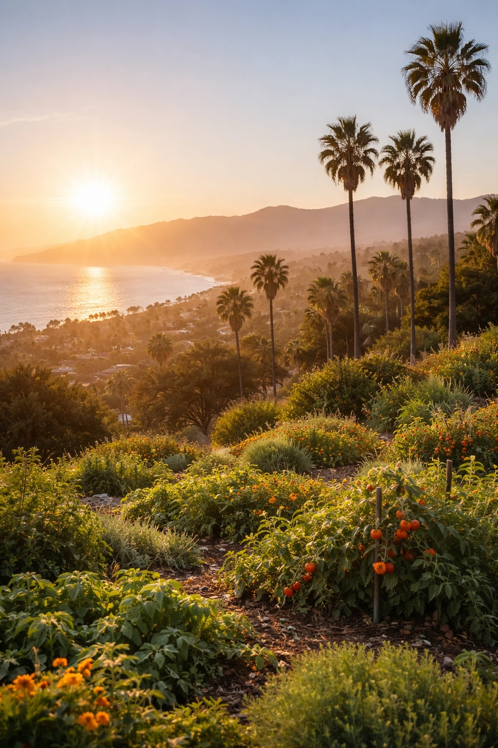 Wide landscape of Southern California landscape with sun and palm trees representing September climate