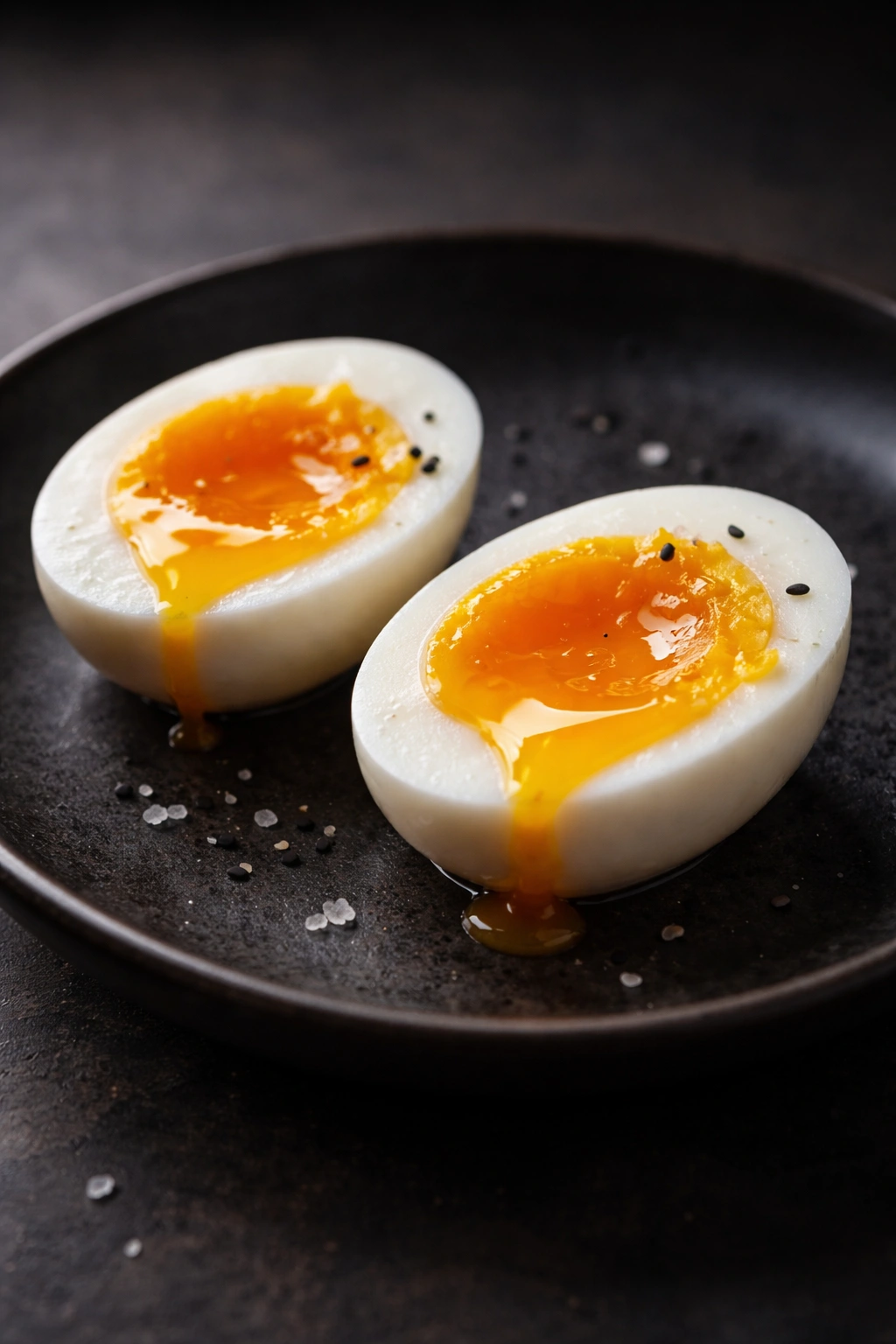 Half of a soft-boiled egg with a runny yolk on a dark plate
