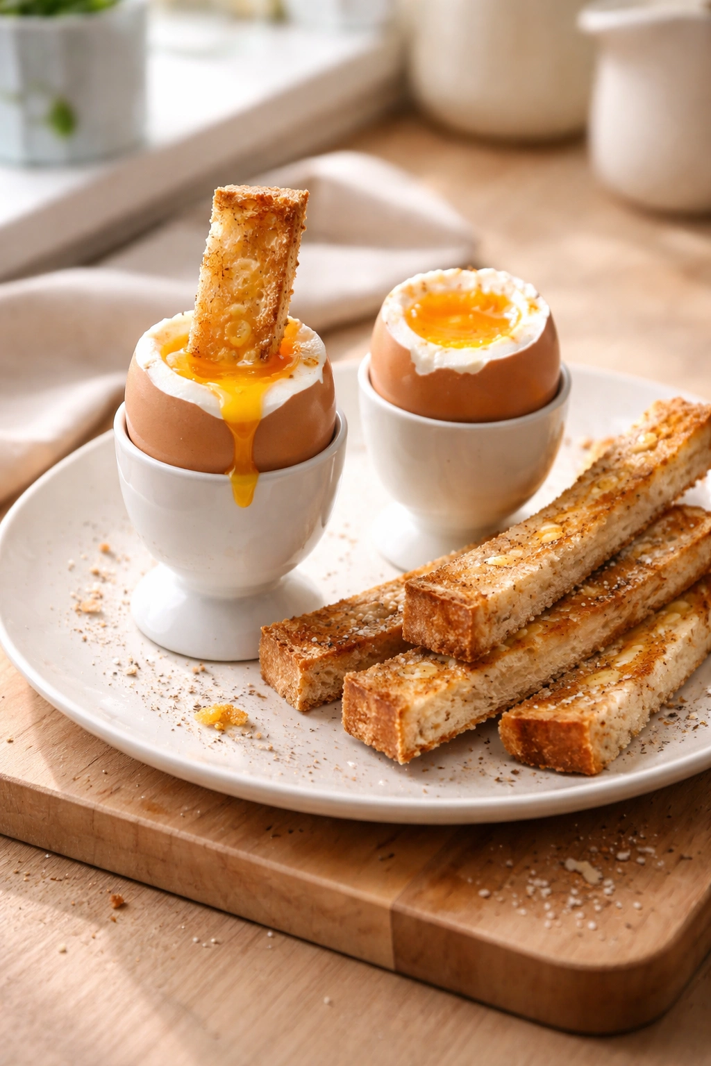 Close-up of soft-boiled eggs with toast soldiers for dipping on a light wooden board