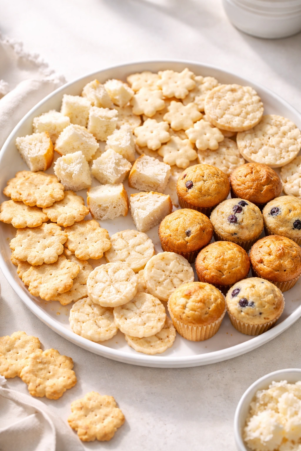 Soft bread pieces, delicate crackers, and mini muffins on a light platter.
