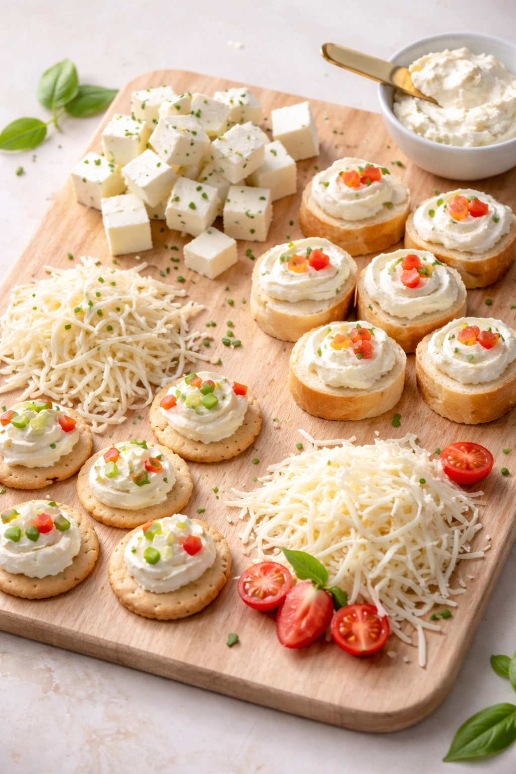 Assorted soft cheese bites on a neutral board with cream cheese cubes and ricotta dollops.