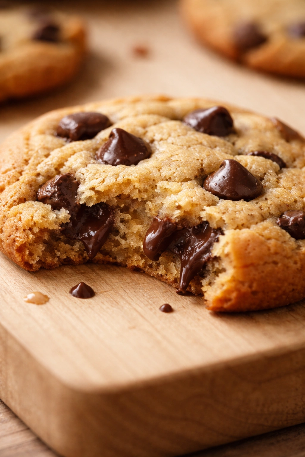 Macro close-up of a soft chocolate chip cookie with chewy center and cracks