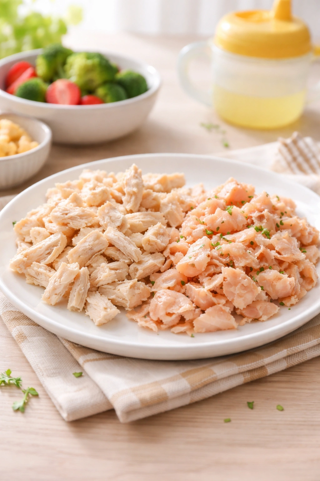 Tender chicken pieces and flaked fish on a clean plate.