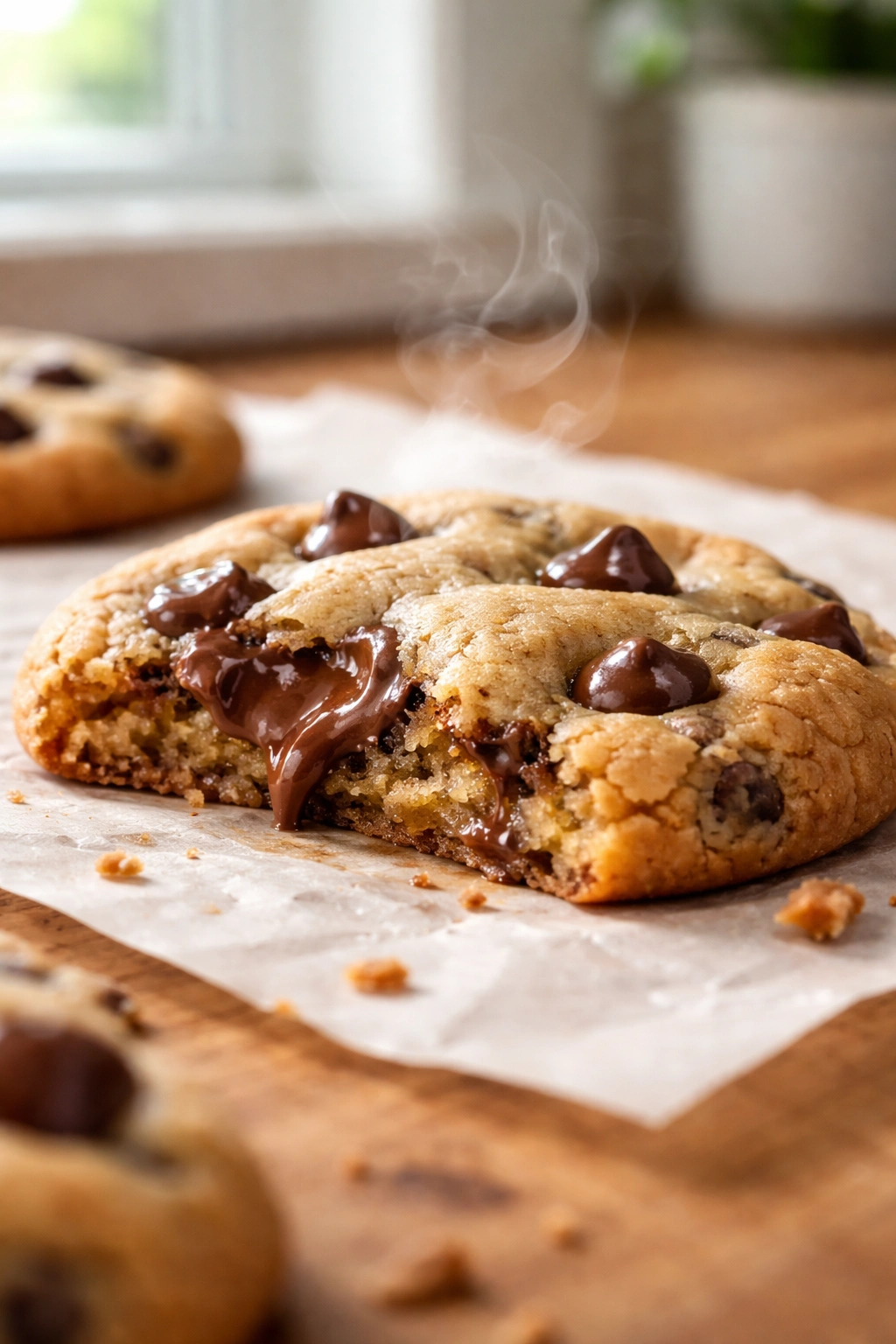 Soft chocolate chip cookie with gooey center on parchment