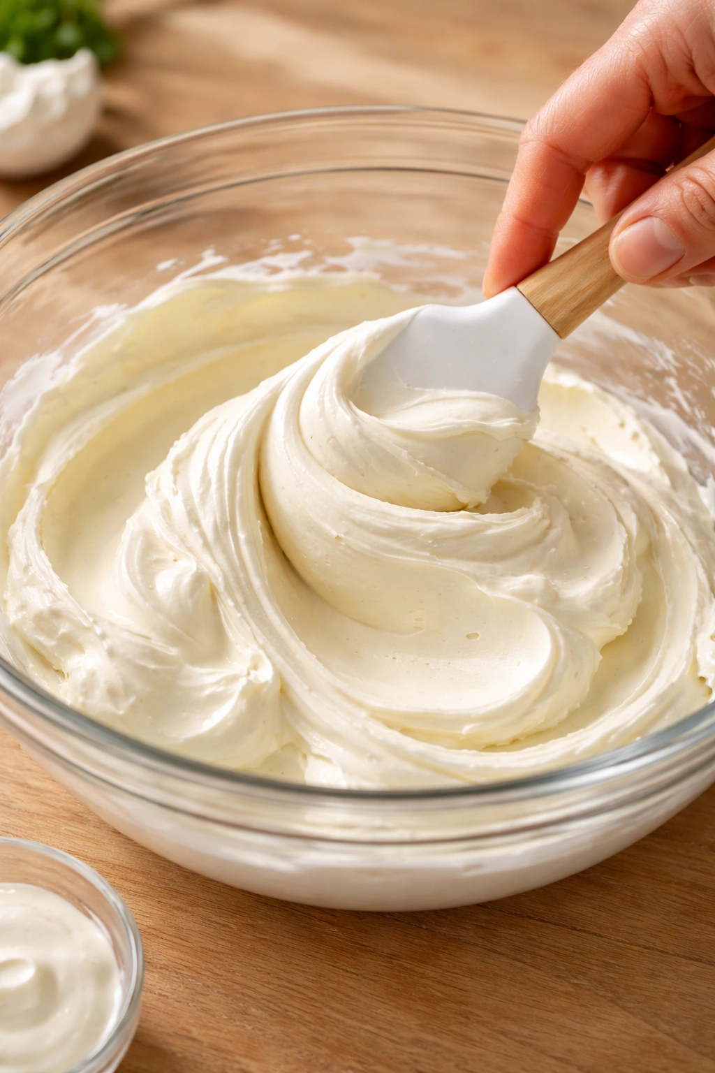Close-up of hand folding cream cheese to a creamy texture