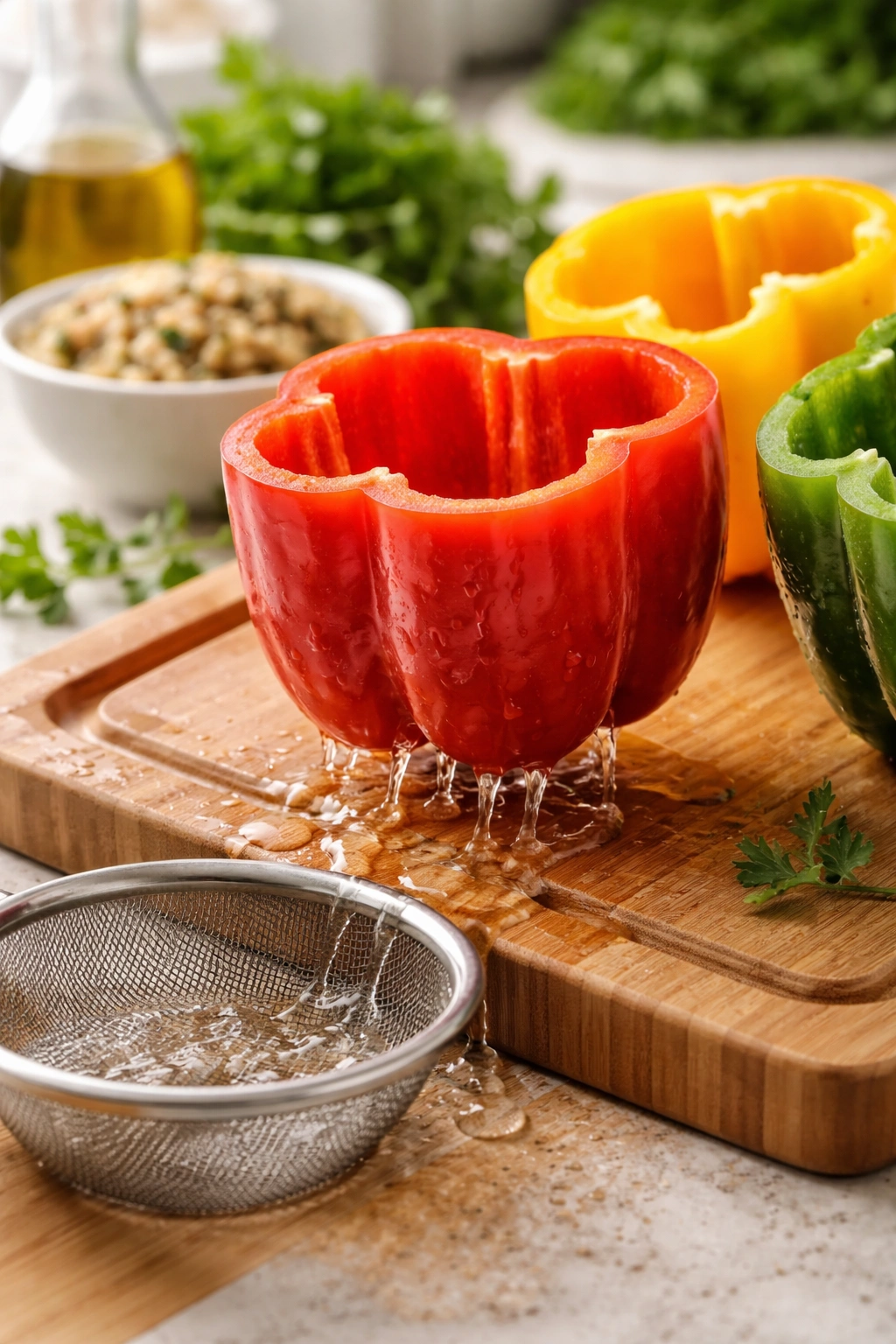Cut pepper half on a cutting board with a draining action to illustrate troubleshooting soggy peppers