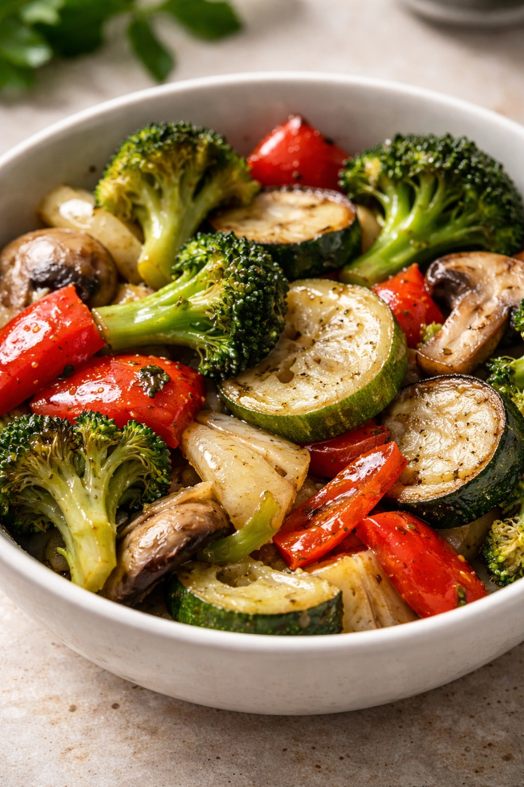 Close-up of soggy vegetables showing steaming moisture and uneven browning